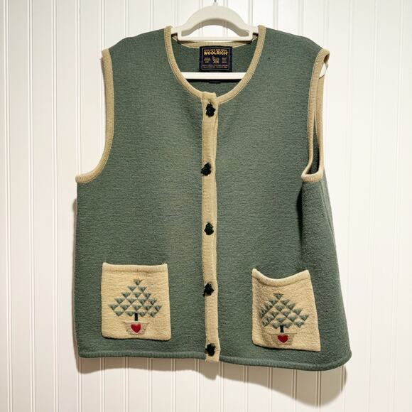 Woolrich Sweaters - Woolrich Christmas Tree Wool Button Up Sweater Vest Sage Green Size XL